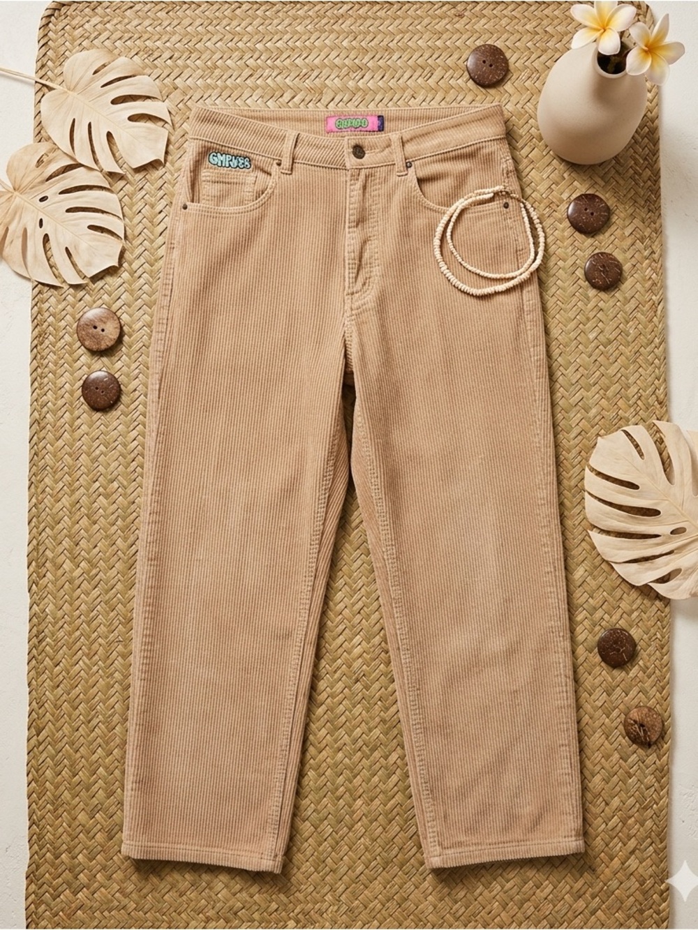 EMPYRE Womens Tori High Waisted Corduroy Pants - Tan Khaki Baggy 90s Skate Style